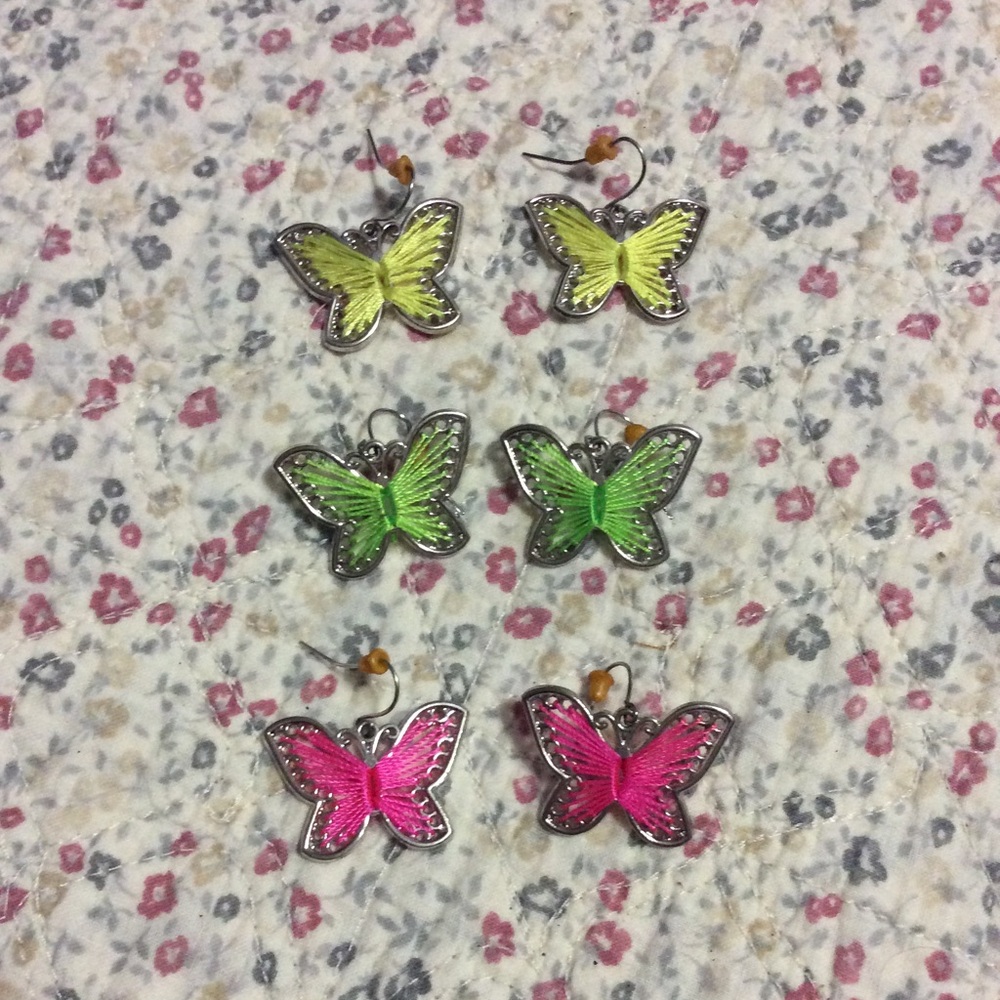 3 Pair Butterfly Earrings Yellow  Pink  & Green